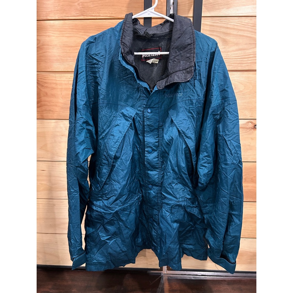Marmot Vintage Teal Blue Rain Jacket Mens XL Mesh Lined Full Zip Snap Front